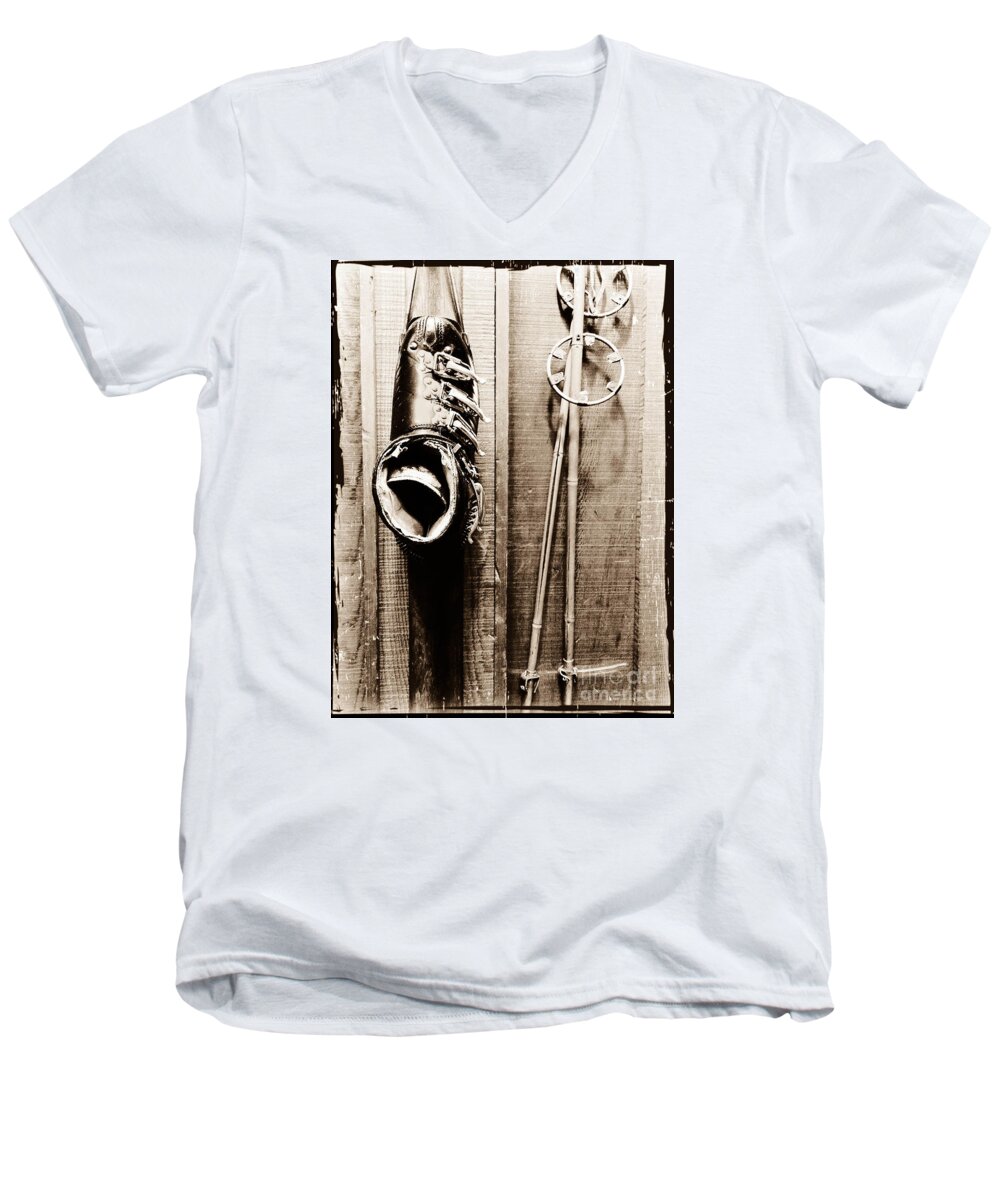 Snow Men's V-Neck T-Shirt featuring the photograph Old Ski Boot and Pole by Amy Fearn