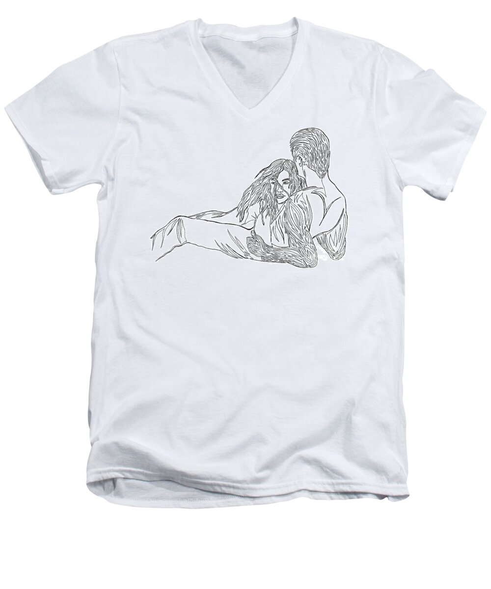 One Line Drawing Men's V-Neck T-Shirt featuring the mixed media One Line Drawing Lovers on the Beach by Vicki Housel