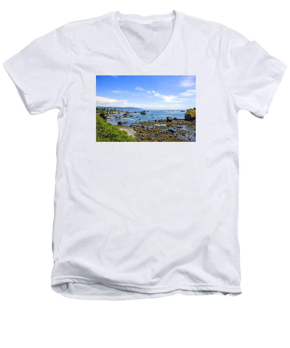 California; Upper; Northwest; Pacific; Coastline; Ca; Blue; Sky; Clouds; Coast; Coastal; Scenery; Seaboard; Shoreline; Backdrop; Landscape; Seascape; Setting; Spectacle; Vista; View; Panorama; Scene; Setting; Terrain; Location; Outlook; Sight; Crescent; City; West; Coast; America; Usa Men's V-Neck T-Shirt featuring the photograph Pacific Northwest by Chris Smith