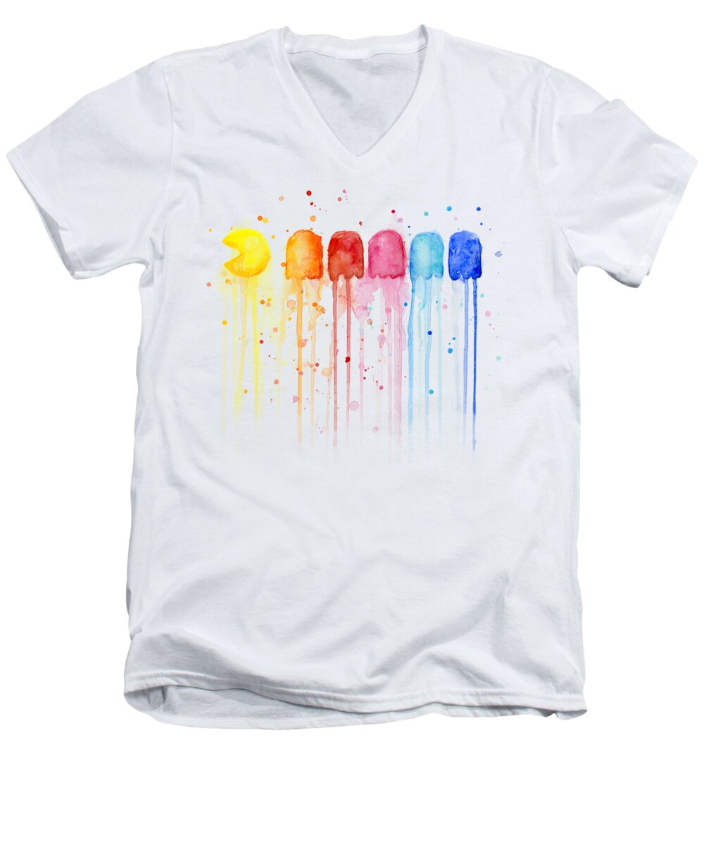 Video Game Men's V-Neck T-Shirt featuring the painting Pacman Watercolor Rainbow by Olga Shvartsur