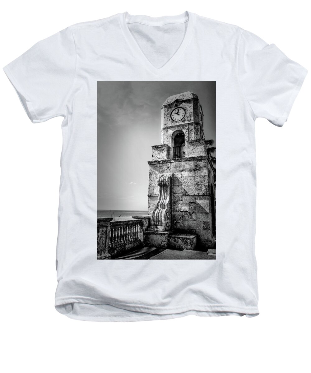 Palm Beach Men's V-Neck T-Shirt featuring the photograph Palm Beach Clock Tower In Black And White by Carol Montoya