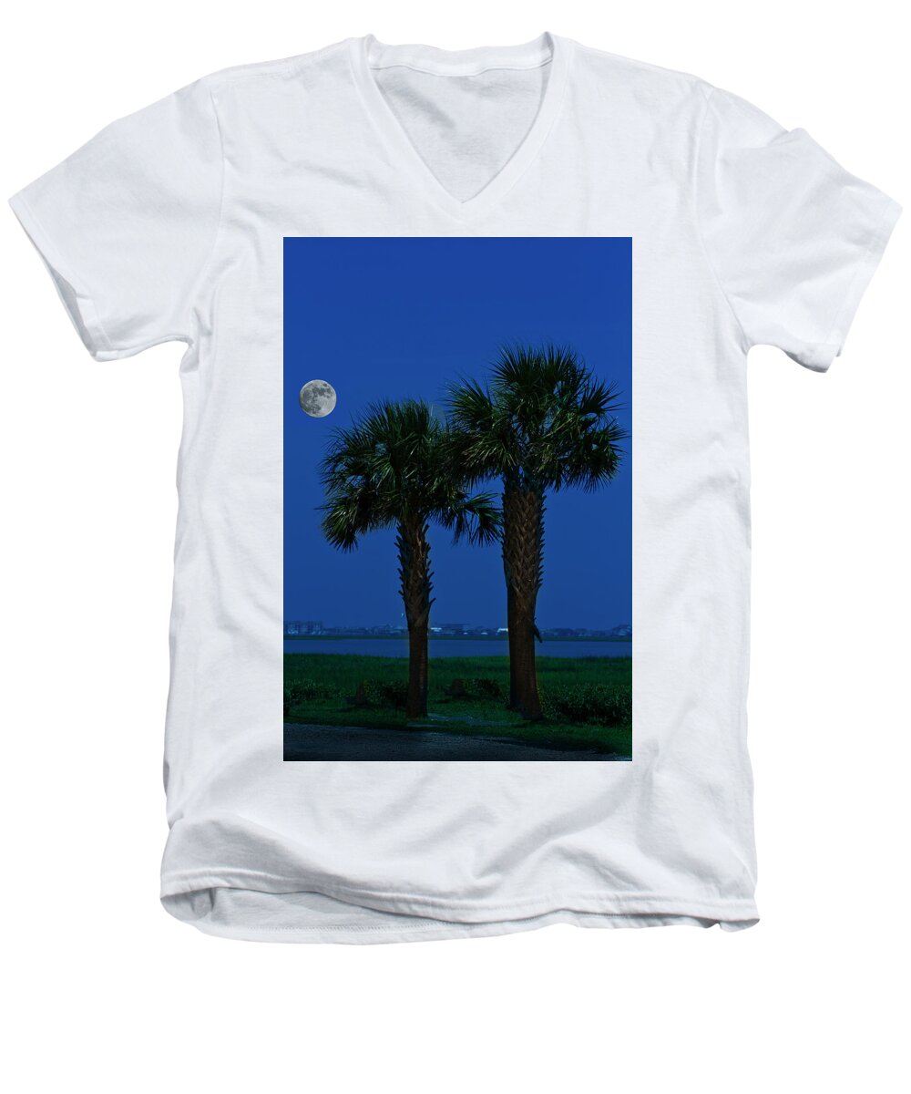 Palms Men's V-Neck T-Shirt featuring the photograph Palms and Moon at Morse Park by Bill Barber