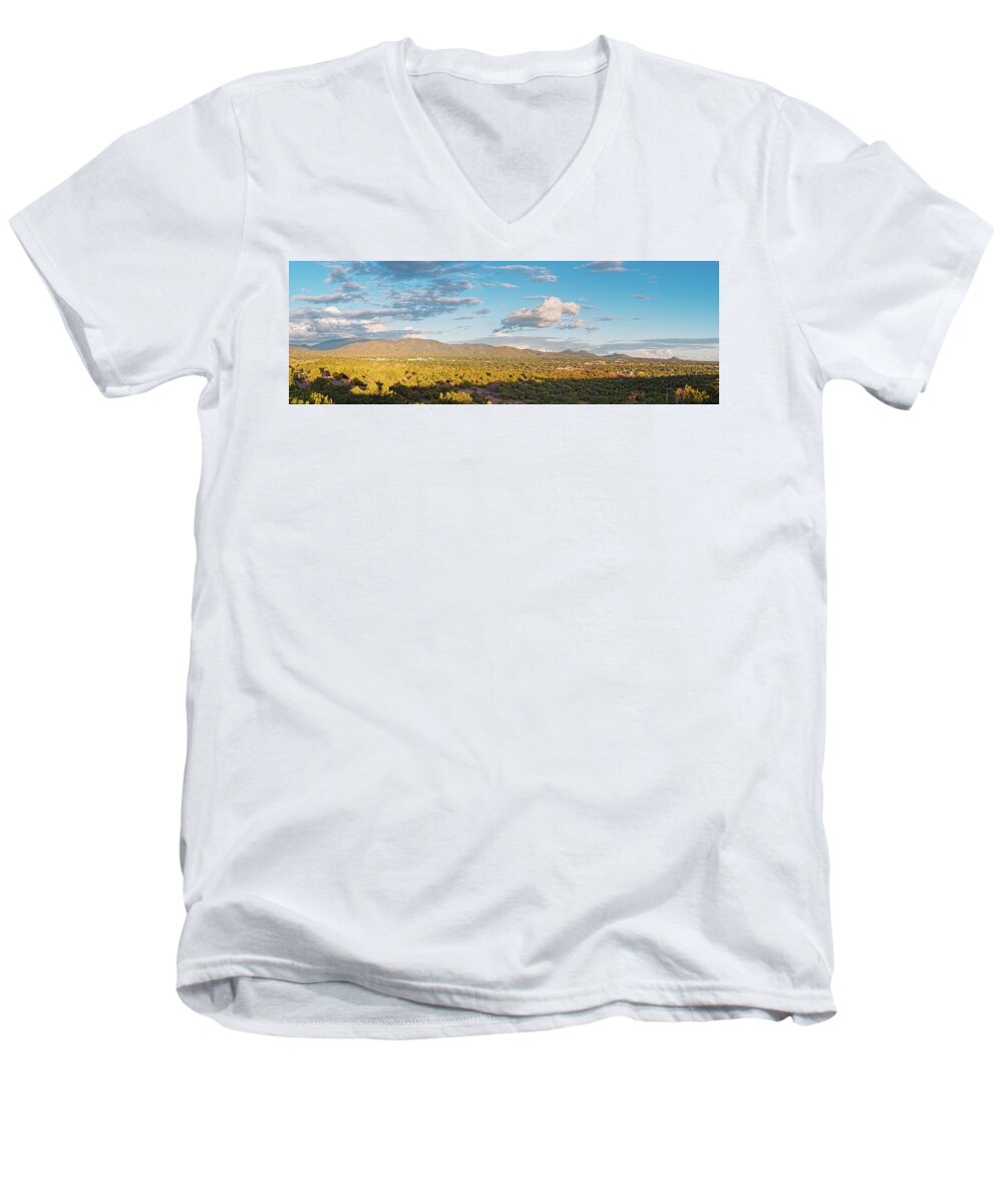 Santa Fe Men's V-Neck T-Shirt featuring the photograph Panorama of Santa Fe and Sangre de Cristo Mountains - New Mexico Land of Enchantment by Silvio Ligutti
