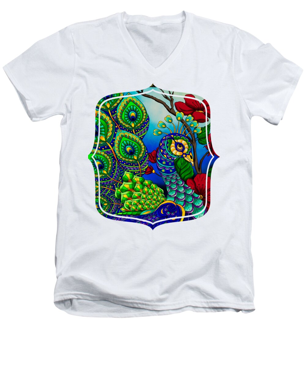 Peacock Men's V-Neck T-Shirt featuring the painting Peacock Zentangle Inspired Art by Becky Herrera