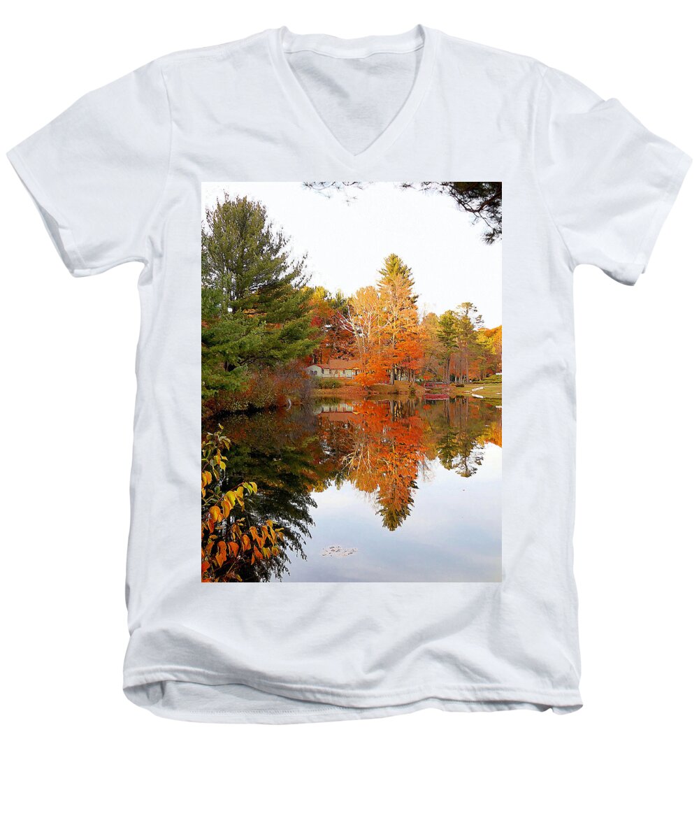 Peak Autumn Reflection Men's V-Neck T-Shirt featuring the painting Peak Autumn reflection 3 by Jeelan Clark