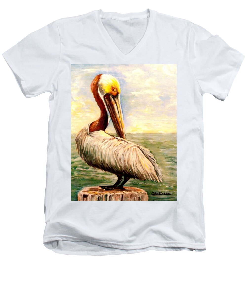 Pelican Men's V-Neck T-Shirt featuring the painting Pelican at rest by Carol Allen Anfinsen
