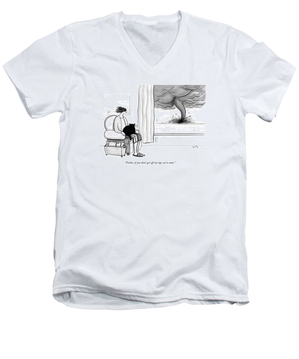 pickles Men's V-Neck T-Shirt featuring the drawing Pickles if you do not get off my lap we are toast by Julia Suits