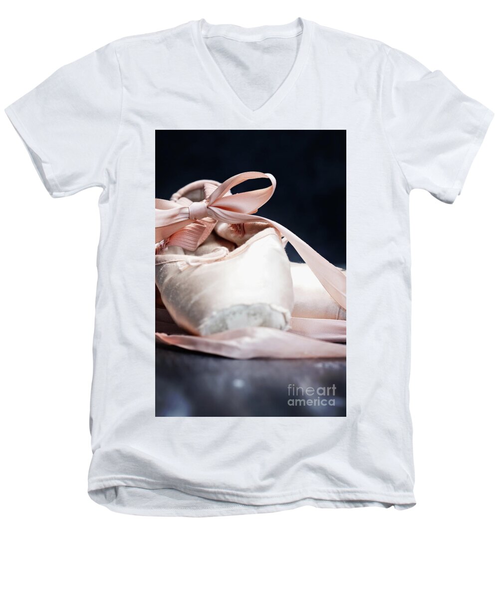 Ballerina Men's V-Neck T-Shirt featuring the photograph Pink Ballerina Pointe Shoes by Stephanie Frey
