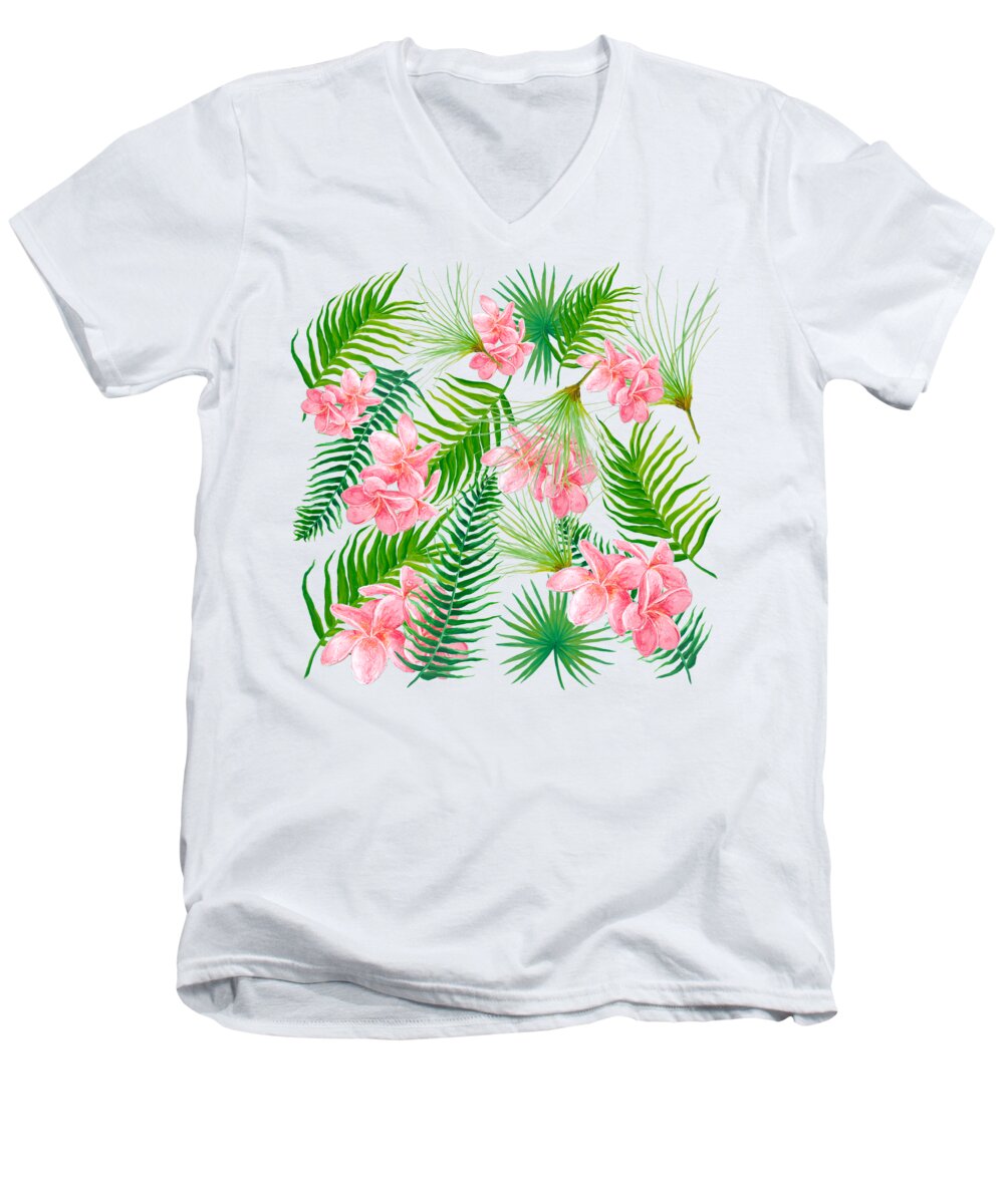 Fern Leaves Men's V-Neck T-Shirt featuring the painting Pink Frangipani and Fern Leaves by Jan Matson