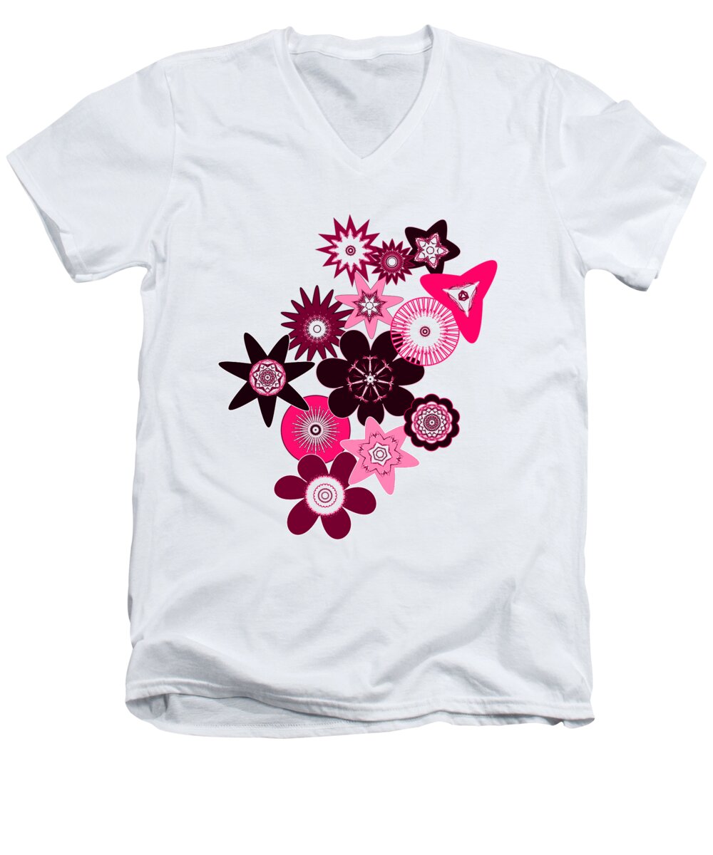 Funky Flower Pattern Men's V-Neck T-Shirt featuring the digital art Pink Funky Flowers by Two Hivelys