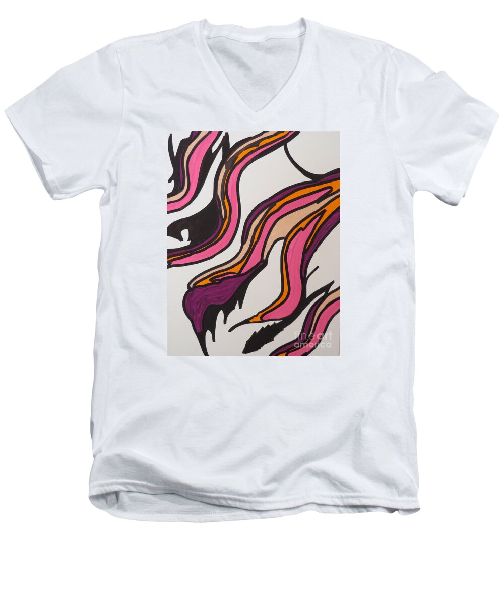 Abstract Men's V-Neck T-Shirt featuring the painting Pink Waves by Mary Mikawoz