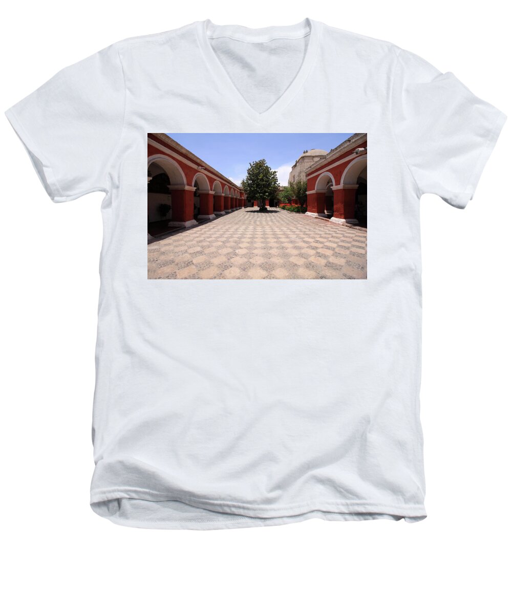 Santa Catalina Monastery Men's V-Neck T-Shirt featuring the photograph Plaza At Santa Catalina Monastery by Aidan Moran