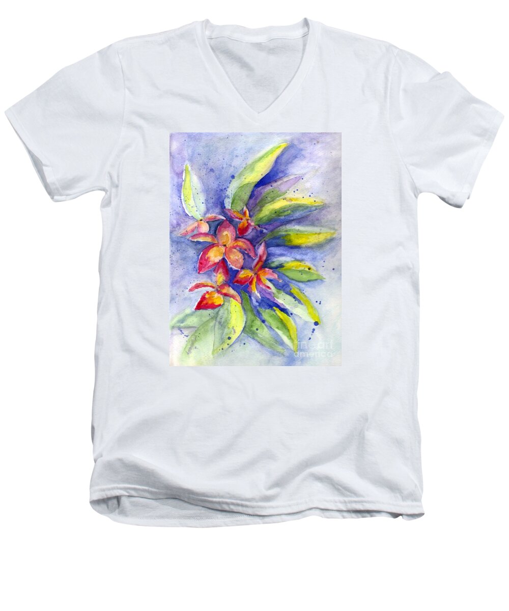 Floral Men's V-Neck T-Shirt featuring the painting Plumeria by Carol Wisniewski