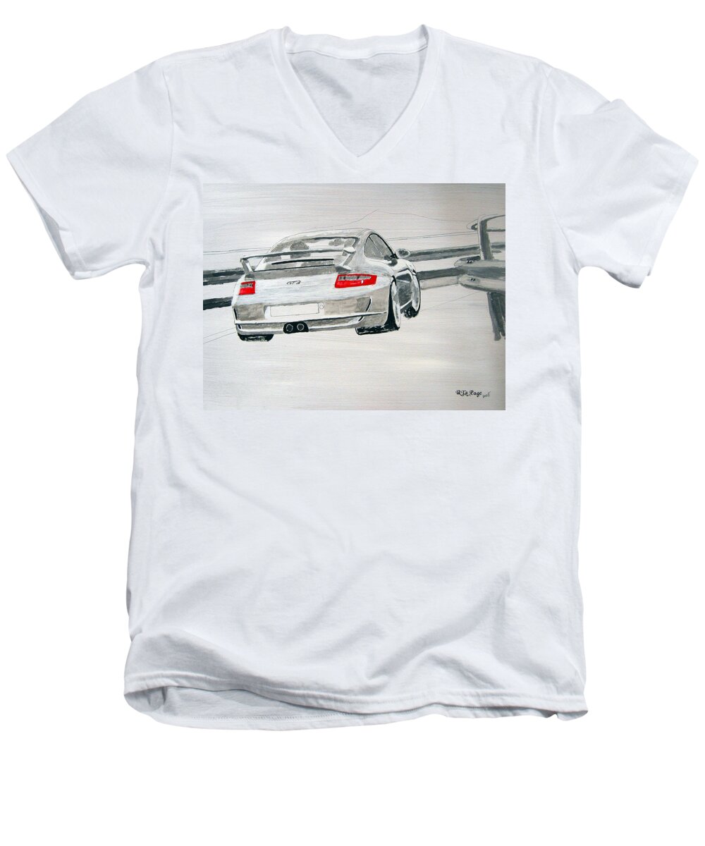 Porsche Gt3 Men's V-Neck T-Shirt featuring the painting Porsche GT3 by Richard Le Page