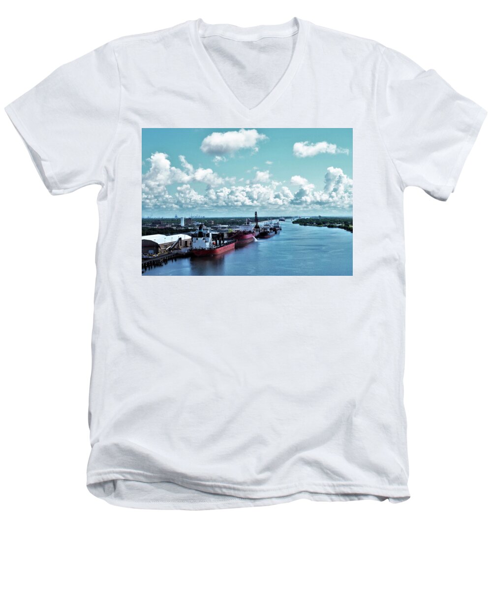 Port Men's V-Neck T-Shirt featuring the photograph Port of Port Arthur, Tx by Jerry Connally