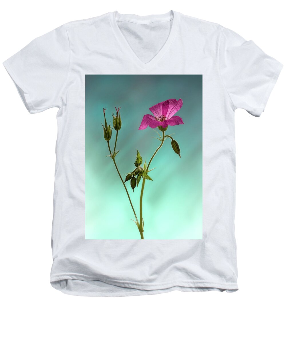 Floral Men's V-Neck T-Shirt featuring the photograph portrait of an English Geranium by Shirley Mitchell