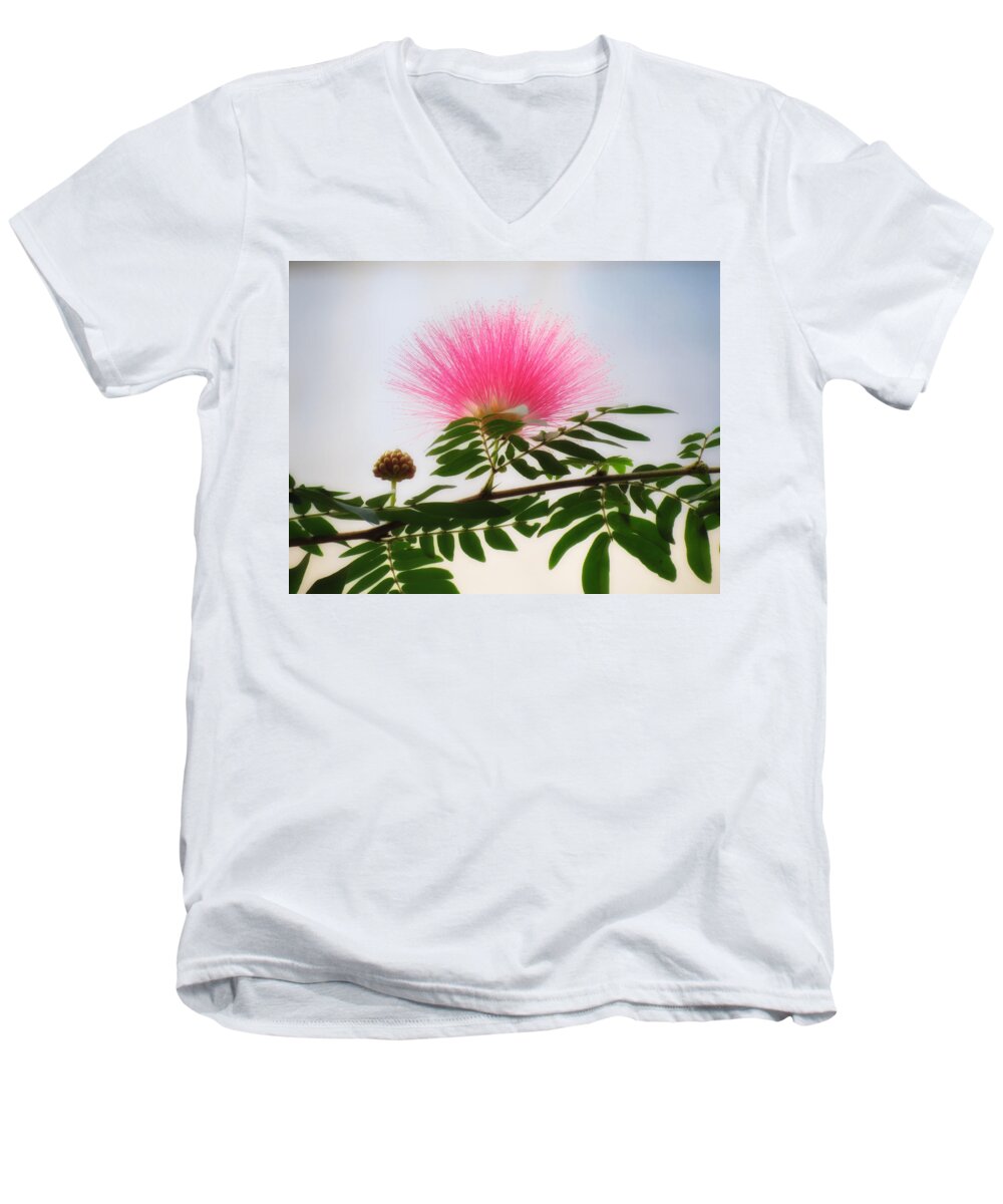 Magic Wings Men's V-Neck T-Shirt featuring the photograph Puff of Pink - Mimosa Flower by MTBobbins Photography