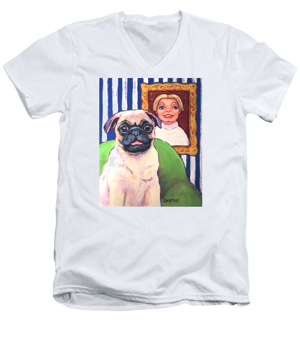Pug Men's V-Neck T-Shirt featuring the painting Pug - Beth Ann and Butch by Rebecca Korpita