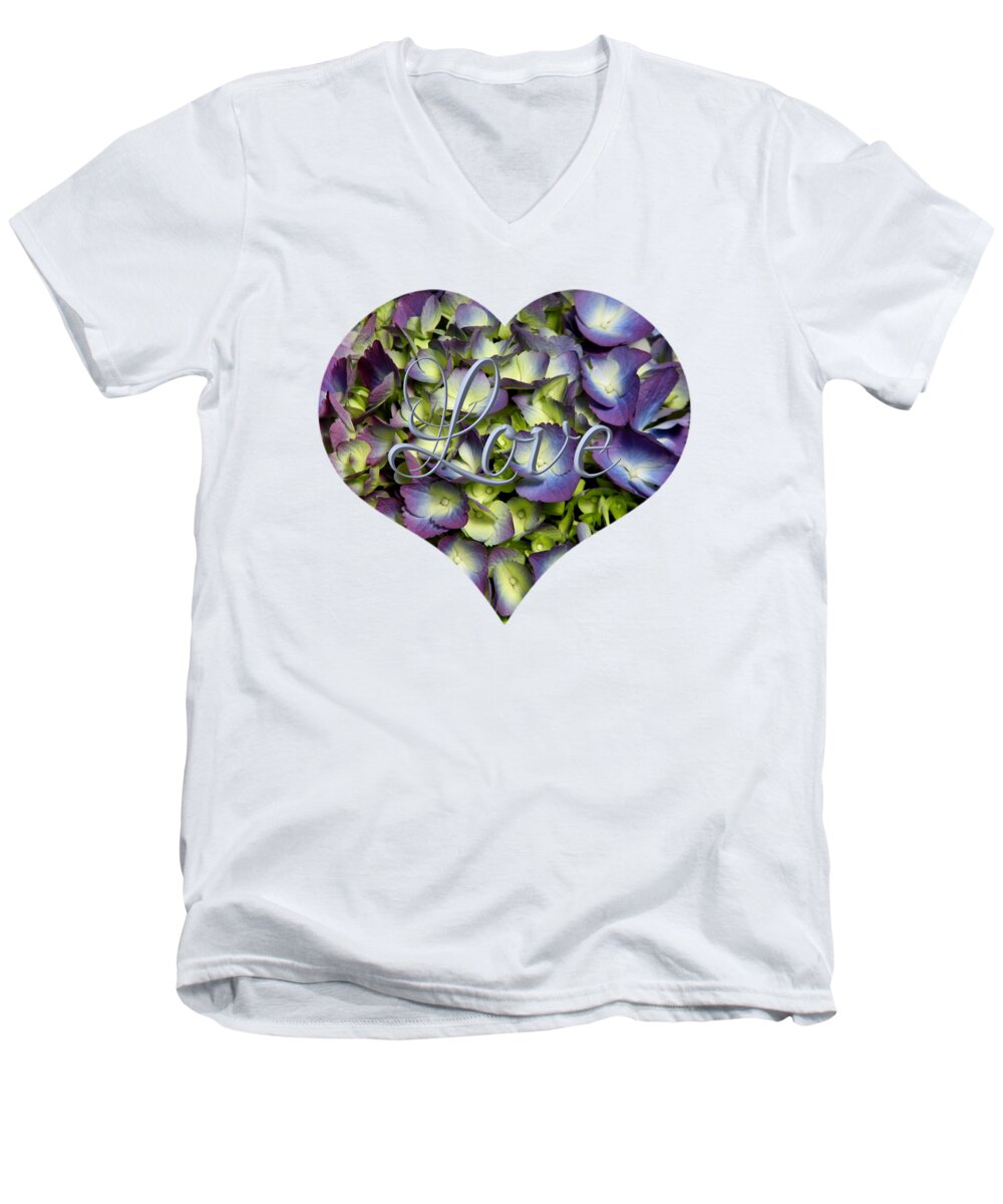 Purple And Cream Hydrangea Flowers Heart With Love Men's V-Neck T-Shirt featuring the photograph Purple and Cream Hydrangea Flowers Heart with Love by Rose Santuci-Sofranko