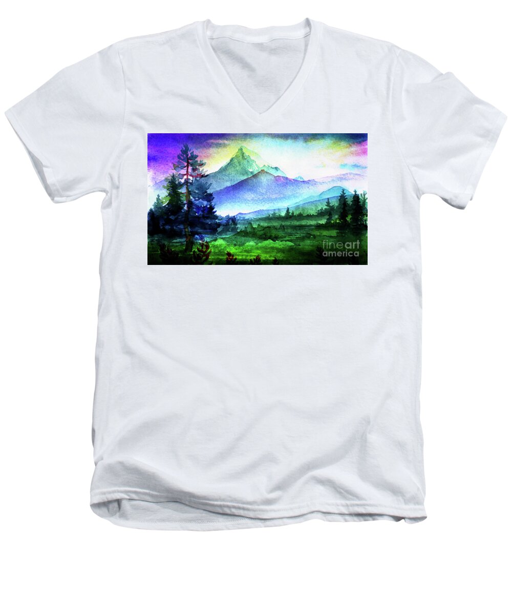 Hill Men's V-Neck T-Shirt featuring the mixed media Purple Mountains Majesty by Digital Art Cafe