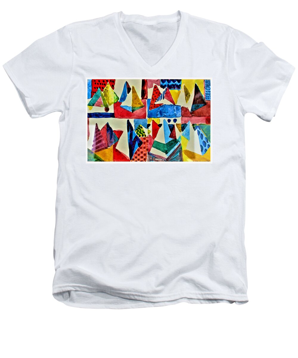 Triangles Men's V-Neck T-Shirt featuring the digital art Pyramid Play by Mindy Newman
