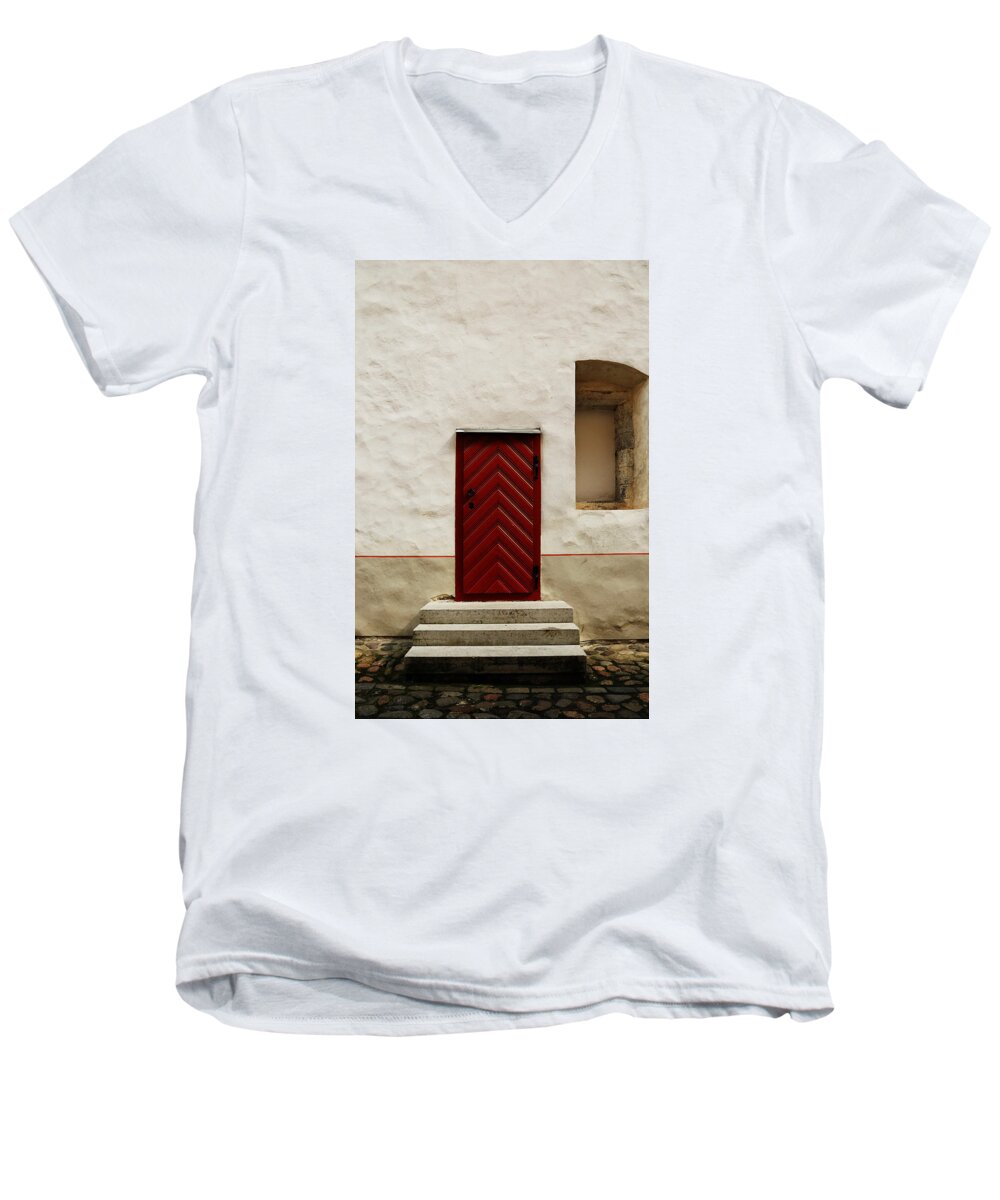 Red Men's V-Neck T-Shirt featuring the photograph Red door by Emme Pons