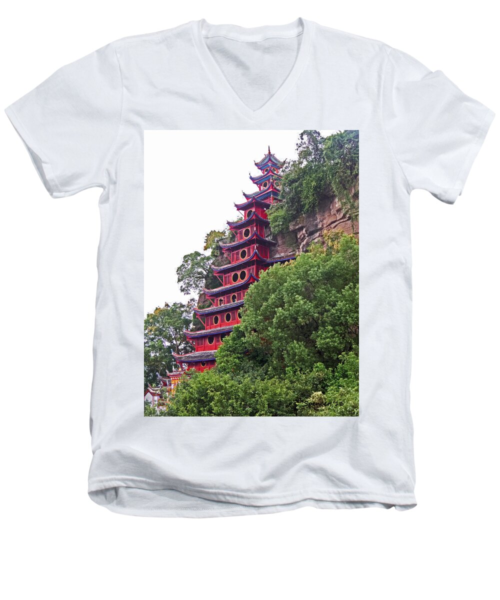 China Men's V-Neck T-Shirt featuring the photograph Red Pagoda by T Guy Spencer