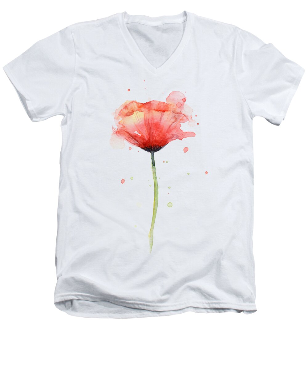 Watercolor Poppy Men's V-Neck T-Shirt featuring the painting Red Poppy Watercolor by Olga Shvartsur