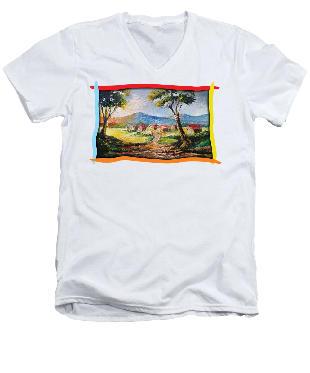 House Men's V-Neck T-Shirt featuring the painting Red Roofs by Anthony Mwangi