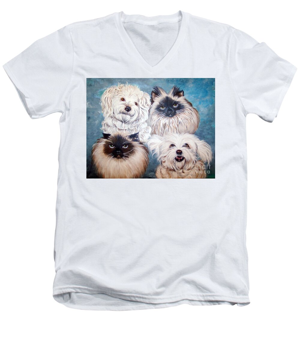Cats Men's V-Neck T-Shirt featuring the painting Reigning Cats N Dogs by Nancy Cupp