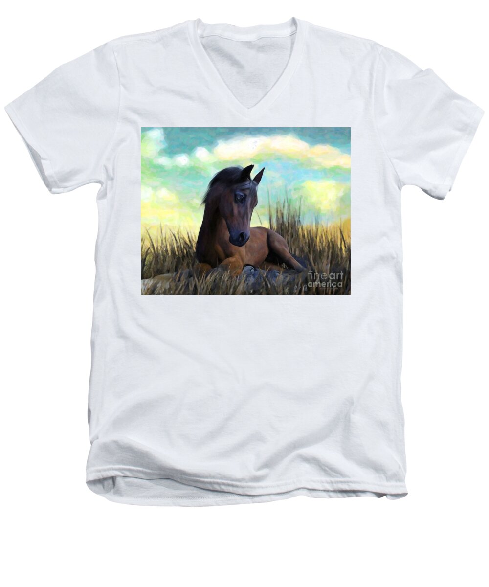 Horse Men's V-Neck T-Shirt featuring the painting Resting Foal by Sandra Bauser