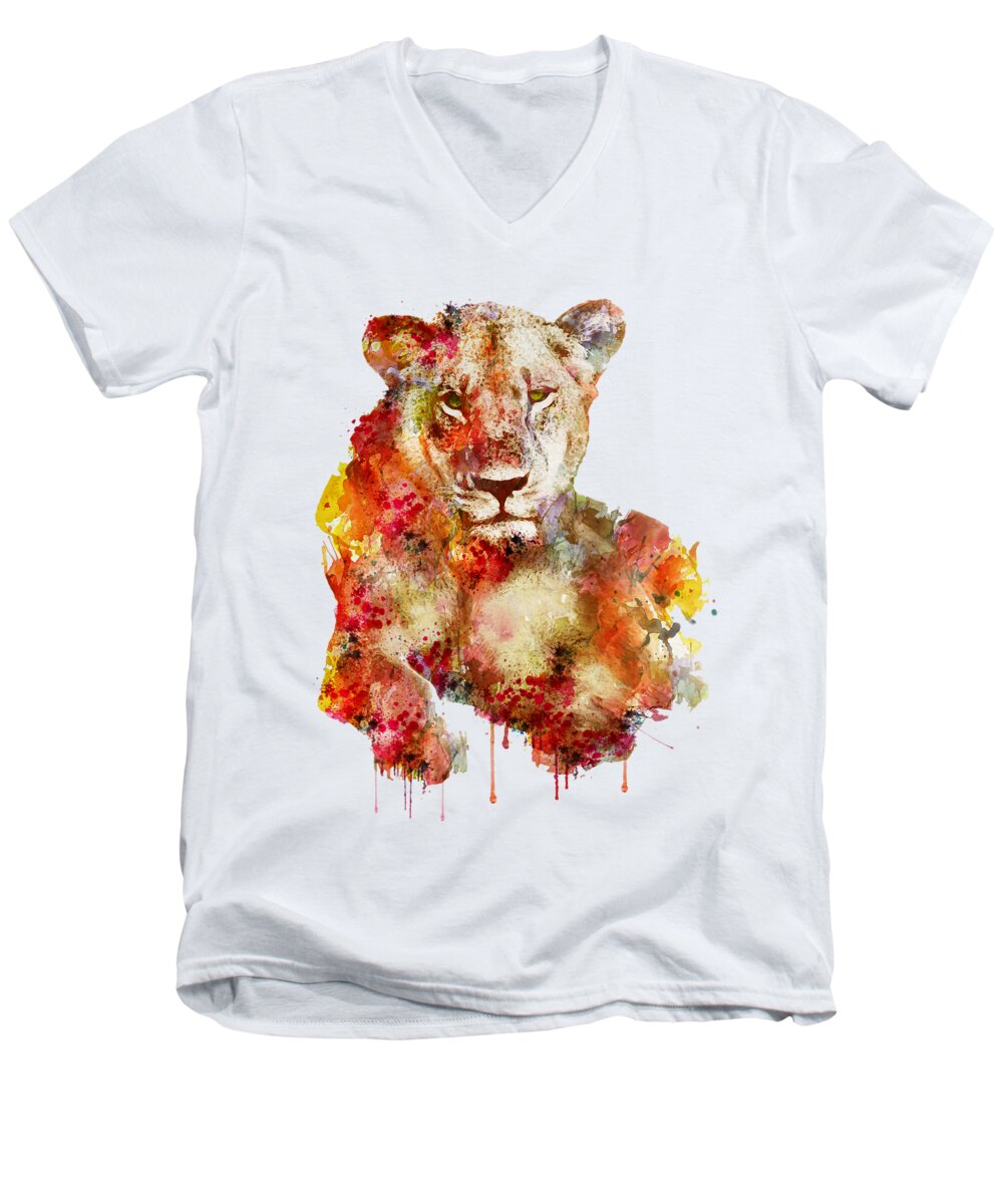 Marian Voicu Men's V-Neck T-Shirt featuring the painting Resting Lioness in watercolor by Marian Voicu
