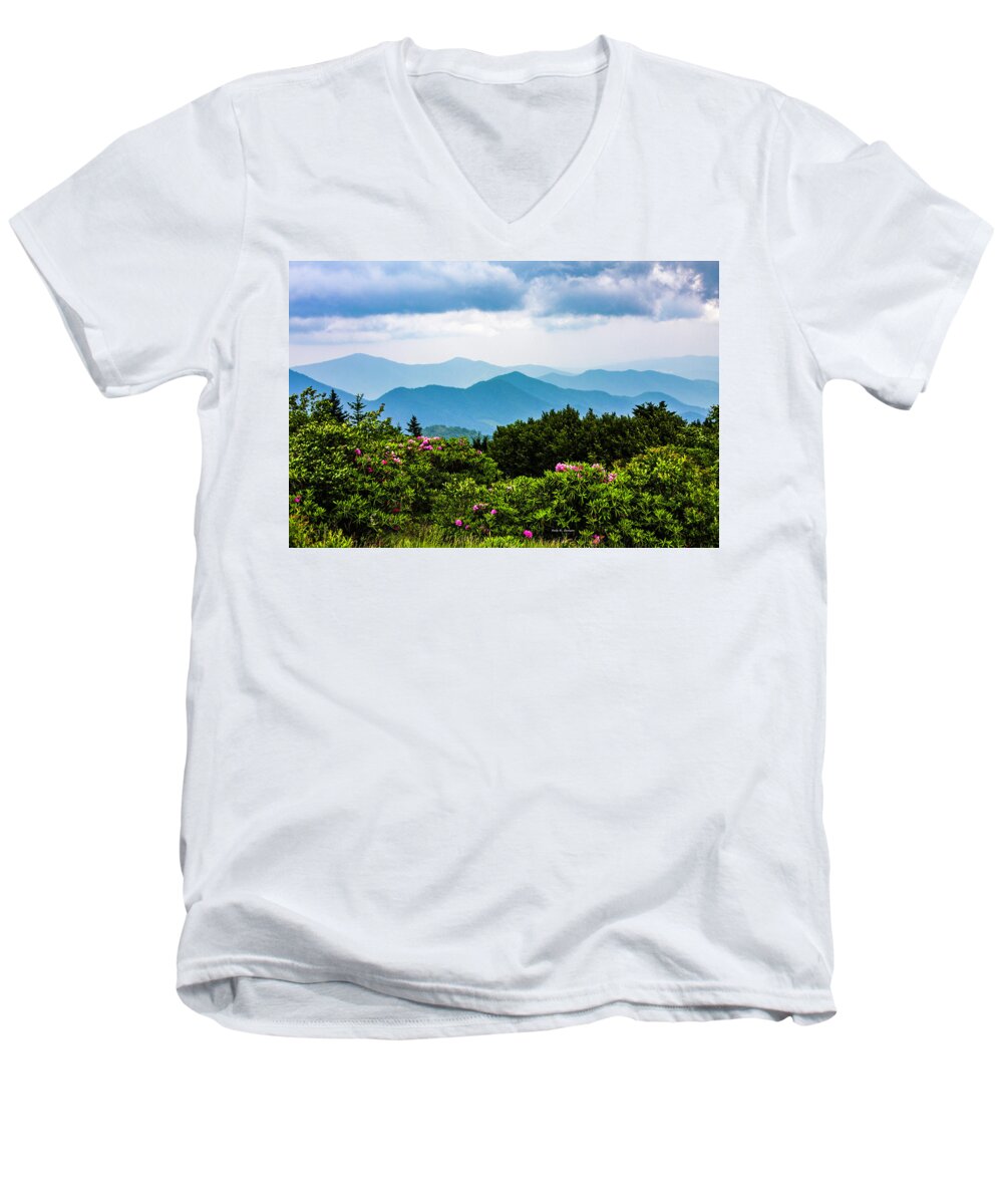 Rhododendrons Men's V-Neck T-Shirt featuring the photograph Roan Mountain Rhodos by Dale R Carlson