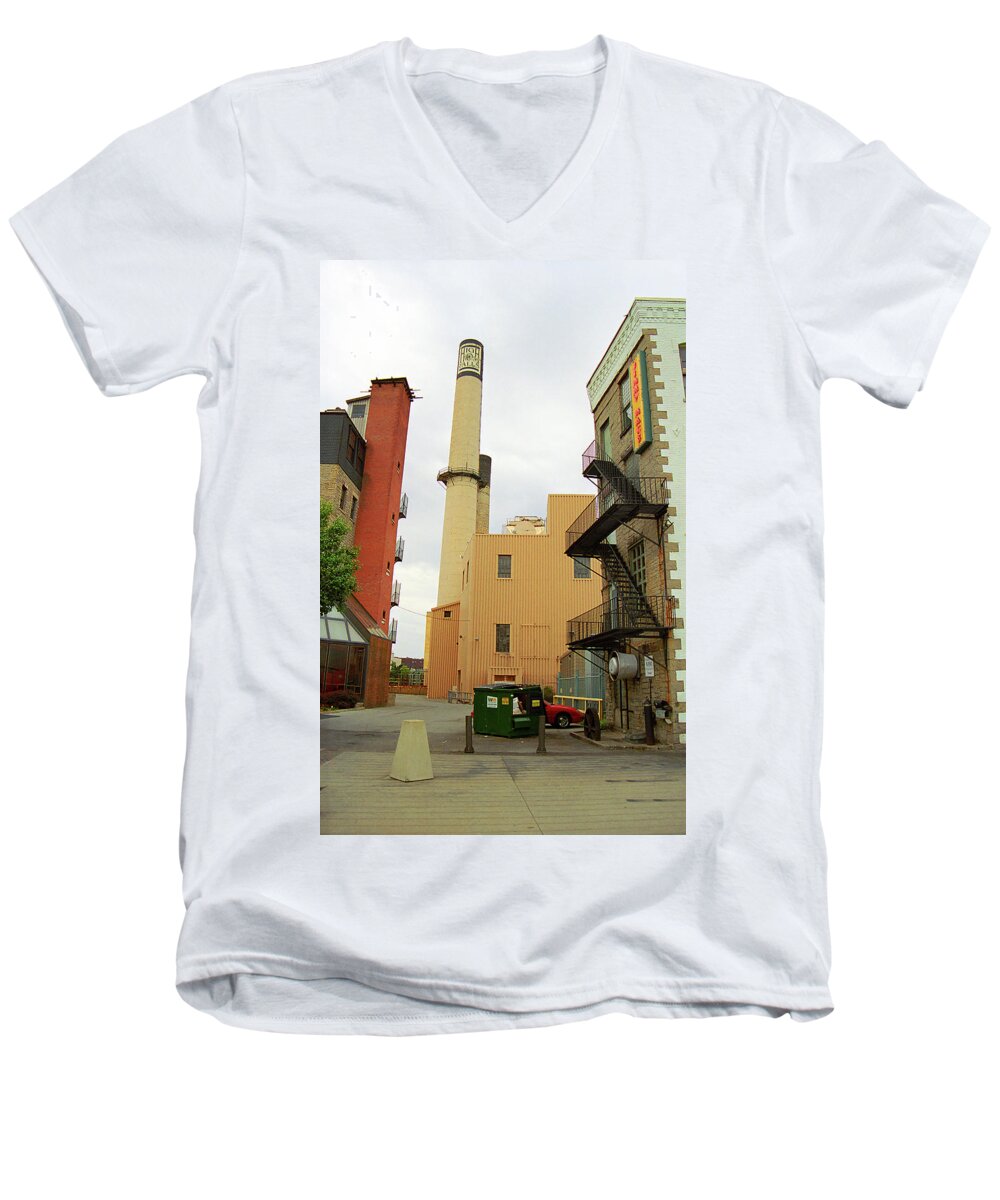 Alcohol Men's V-Neck T-Shirt featuring the photograph Rochester, NY - Behind the Bar and Factory 2005 by Frank Romeo