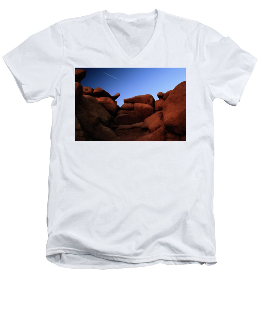Goblin Valley State Park Men's V-Neck T-Shirt featuring the photograph Rocks and Sky at Goblin Valley Utah by Gary Warnimont