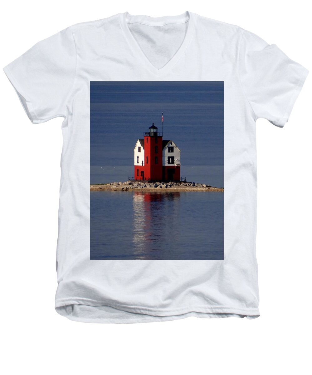 Round Island Lighthouse Men's V-Neck T-Shirt featuring the photograph Round Island Lighthouse in the Morning by Keith Stokes
