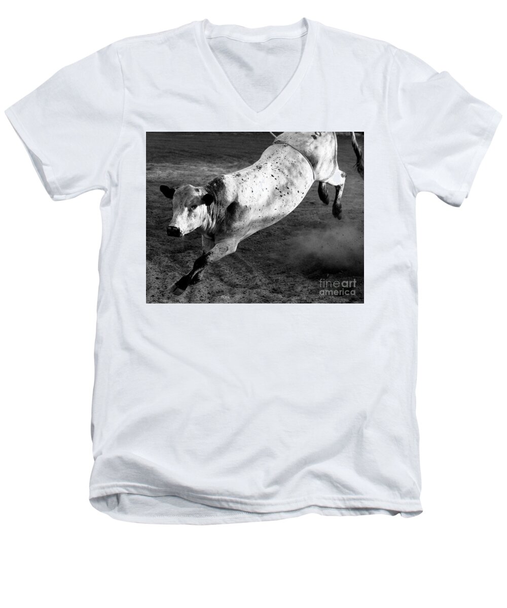 Denise Bruchman Men's V-Neck T-Shirt featuring the photograph Rowdy Bucking Bull by Denise Bruchman