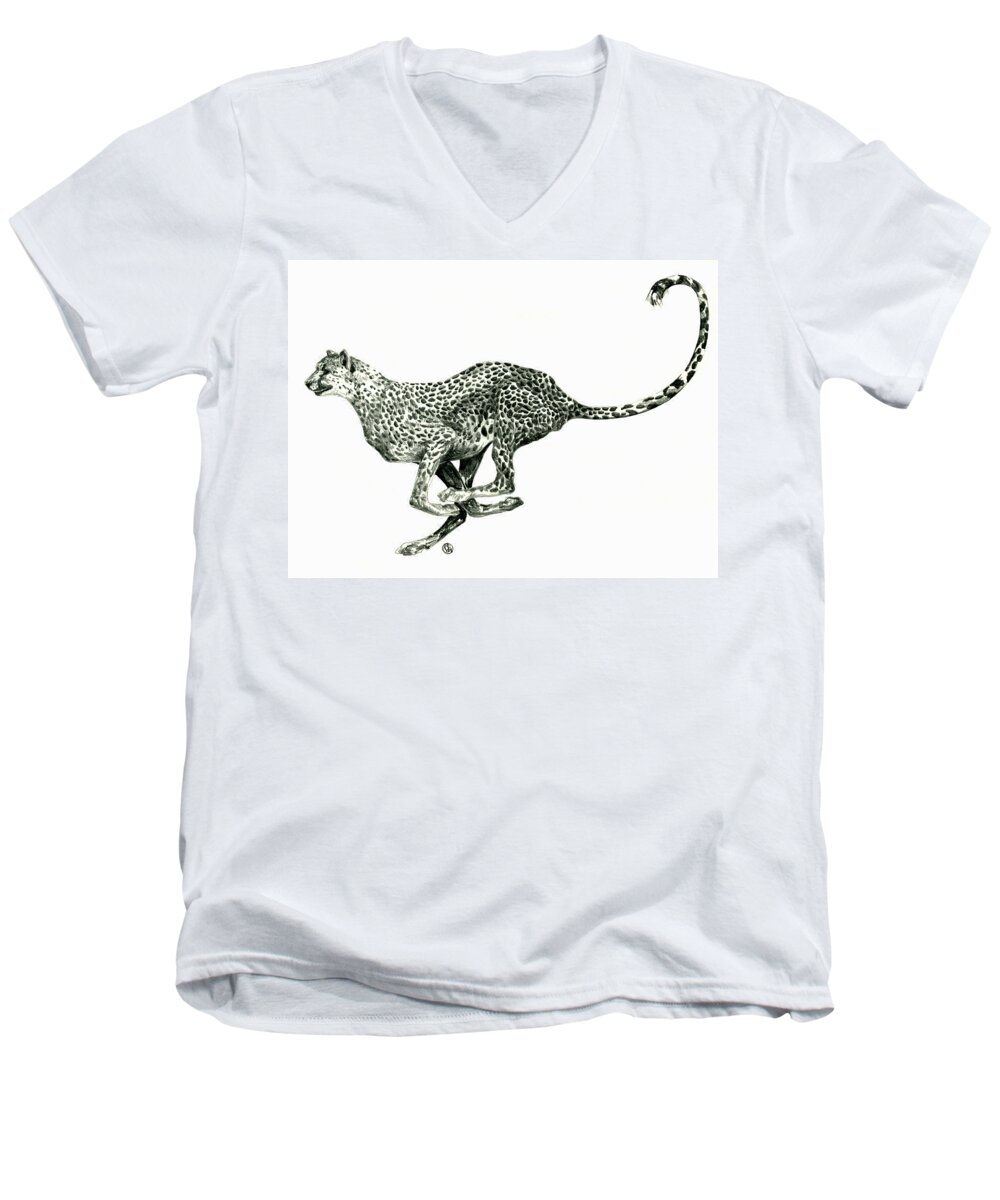 Nature Men's V-Neck T-Shirt featuring the drawing Running Cheetah by Shirley Heyn
