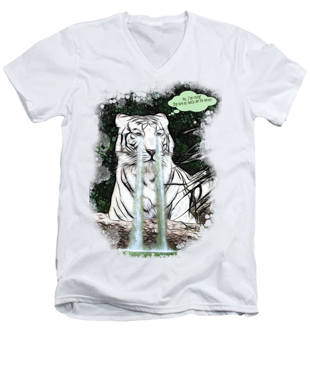 White Tiger Men's V-Neck T-Shirt featuring the painting Sad White Tiger Typography by Georgeta Blanaru