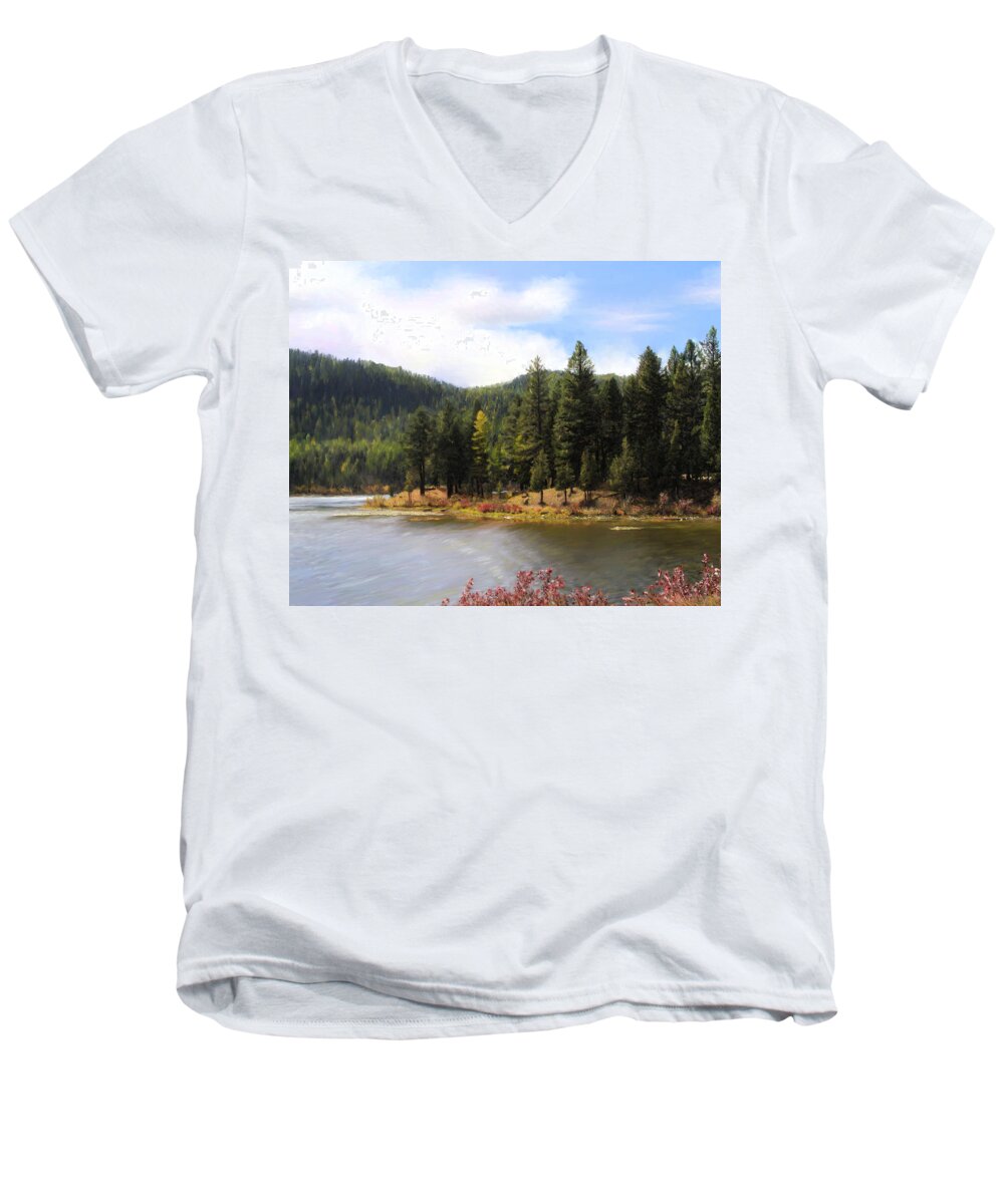 Salmon Lake Men's V-Neck T-Shirt featuring the painting Salmon Lake Montana by Susan Kinney