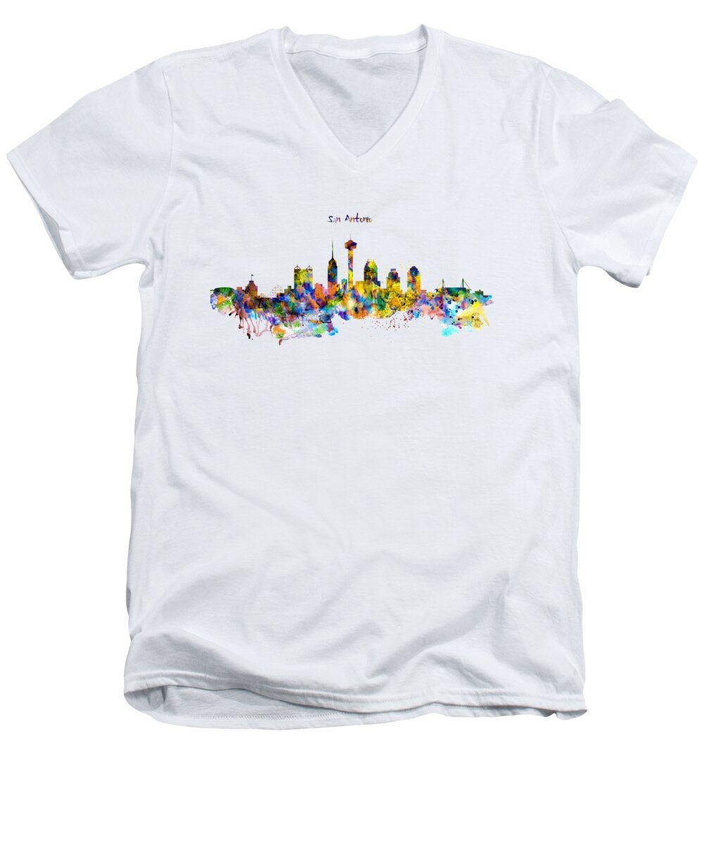 San Antonio Men's V-Neck T-Shirt featuring the painting San Antonio Skyline Silhouette by Marian Voicu