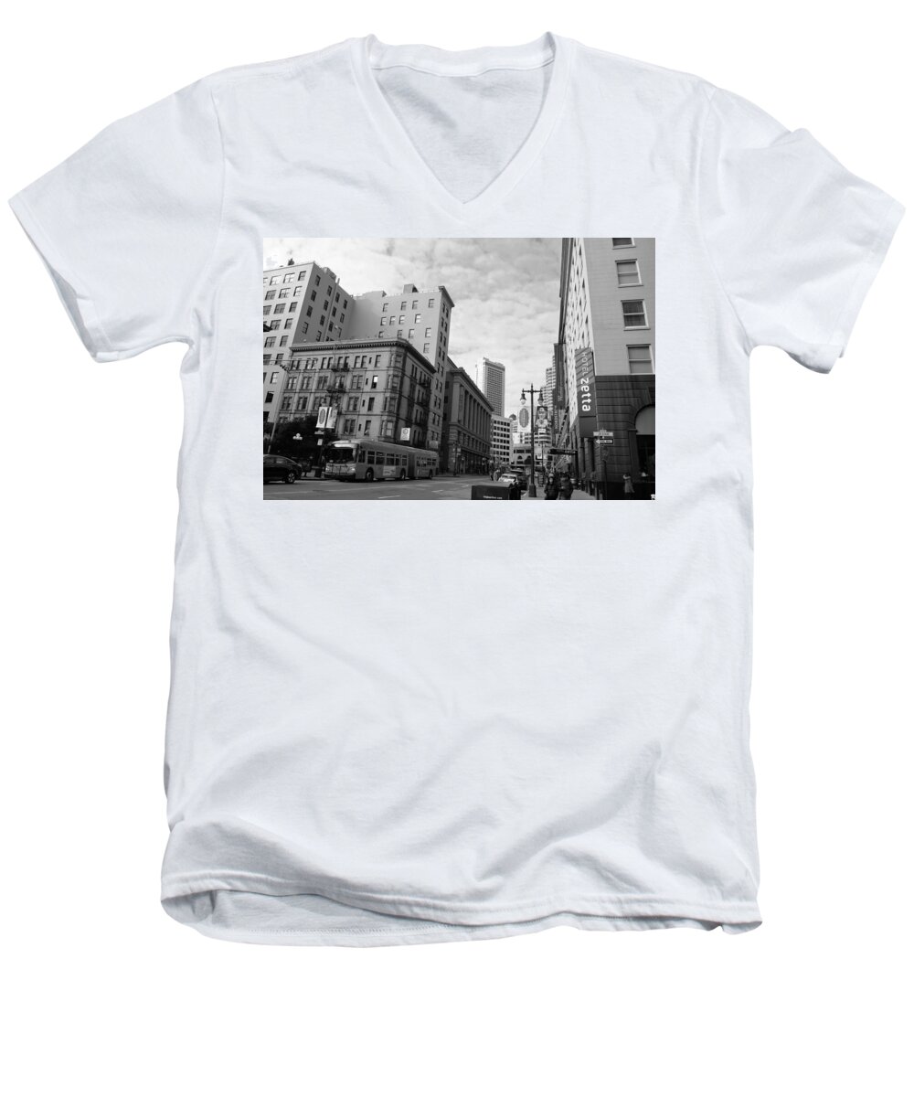 City Men's V-Neck T-Shirt featuring the photograph San Francisco - Jessie Street View - Black and White by Matt Quest