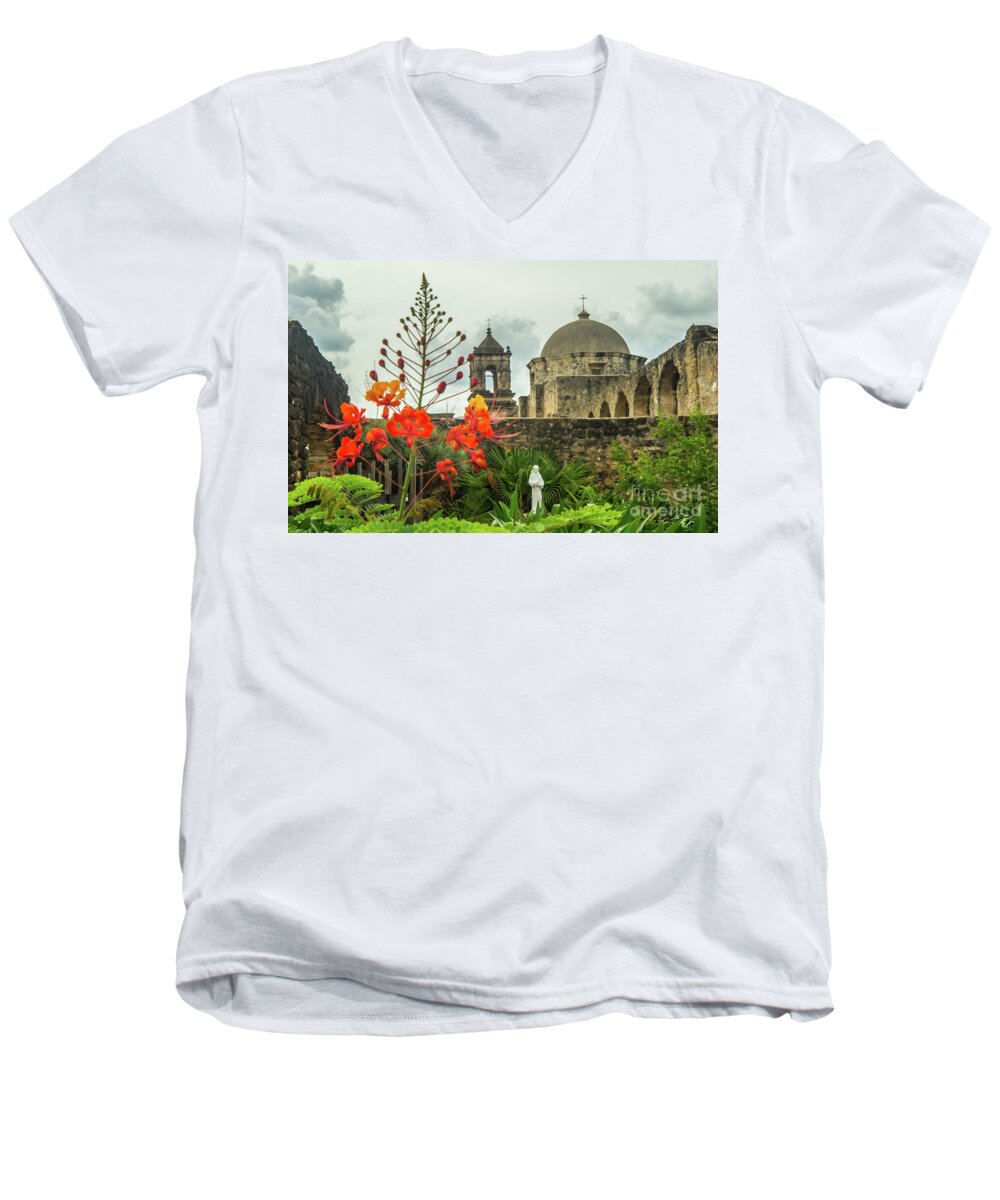 San Antonio Men's V-Neck T-Shirt featuring the photograph Mission San Jose with Pride of Barbados by Michael Tidwell