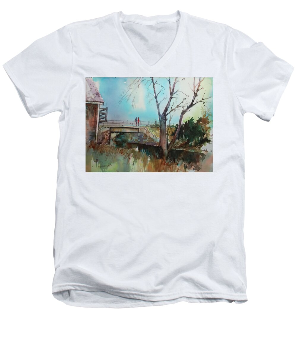 Visco Men's V-Neck T-Shirt featuring the painting Sara's View of the Jones River by P Anthony Visco