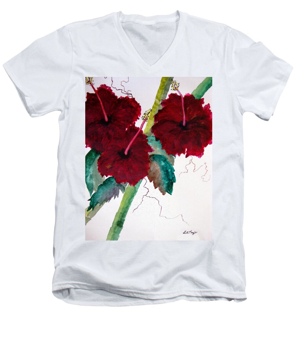 Hibiscus Men's V-Neck T-Shirt featuring the painting Scarlet Red by Lil Taylor