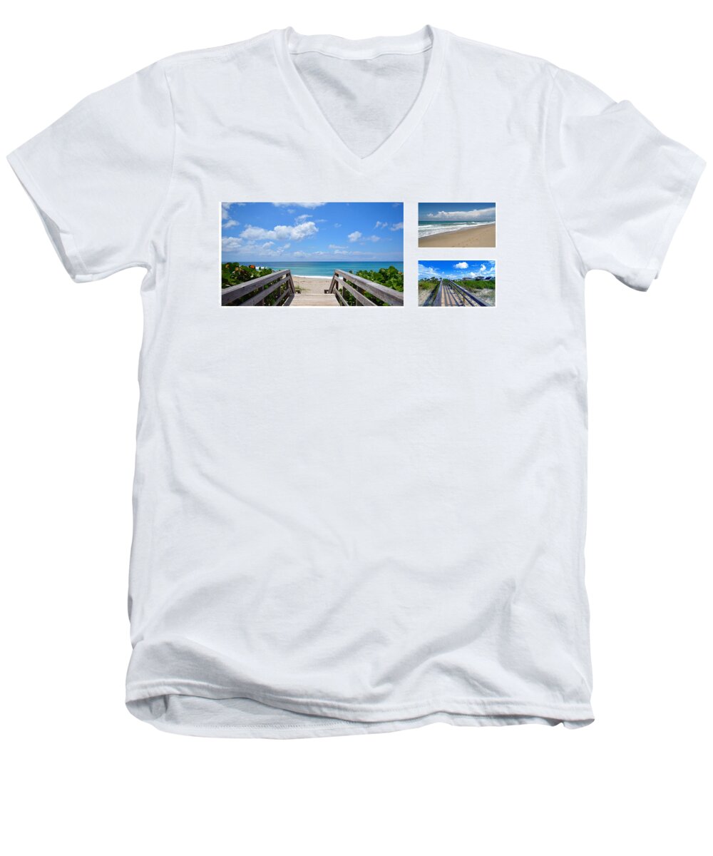 Aqua Men's V-Neck T-Shirt featuring the photograph Seascape Boardwalks Treasure Coast Florida Collage 1 by Ricardos Creations