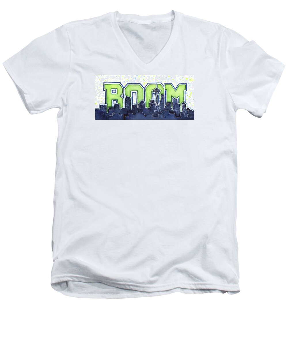 Seattle Men's V-Neck T-Shirt featuring the painting Seattle 12th Man Legion of Boom Painting by Olga Shvartsur