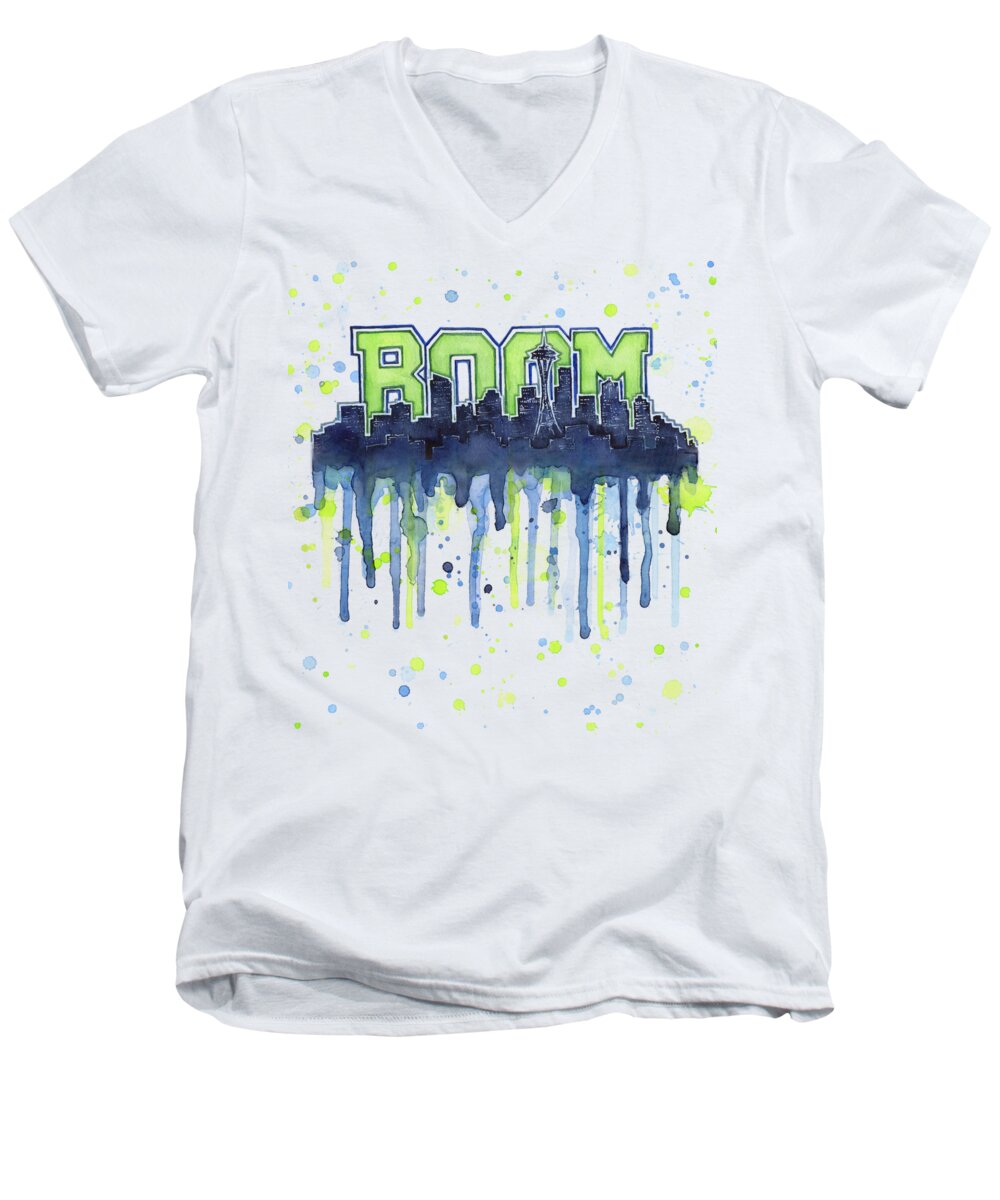 Seattle Men's V-Neck T-Shirt featuring the painting Seattle 12th Man Legion of Boom Watercolor by Olga Shvartsur