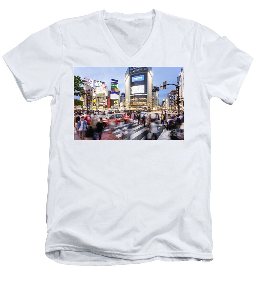 Capital Men's V-Neck T-Shirt featuring the photograph Shibuya crossing at night in Tokyo by Didier Marti