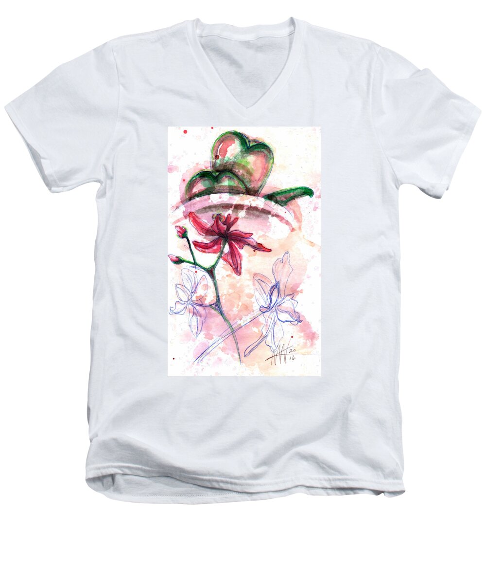 Orchid Art Men's V-Neck T-Shirt featuring the painting Shiraz Orchid II by Ashley Kujan